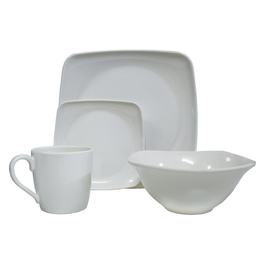 VAJILLA EN MELAMINA PRIMAVERA BLANCA CUADRADA BORDE 16 PIEZAS